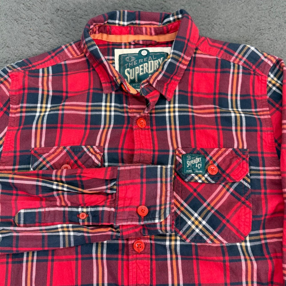 Superdry Button Down Shirt Mens L Red Plaid Lumberjack Twill Flannel Pockets